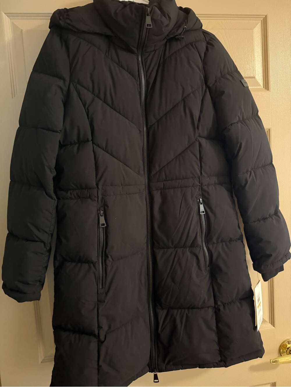 DKNY Black Quilted Hooded Long Puffer Coat